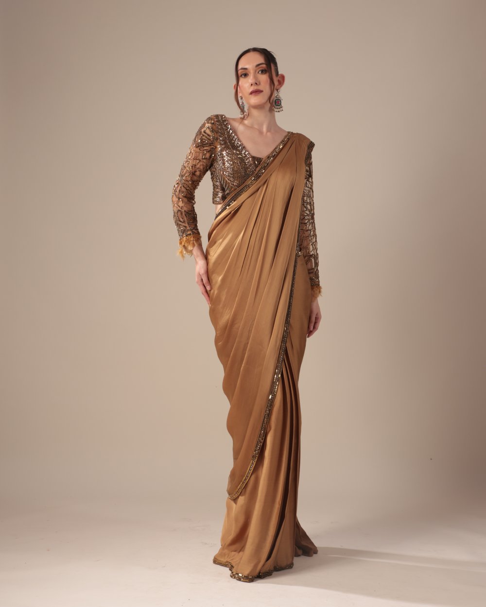 Bronze Designer Saree with Sequin Embroidered Blouse