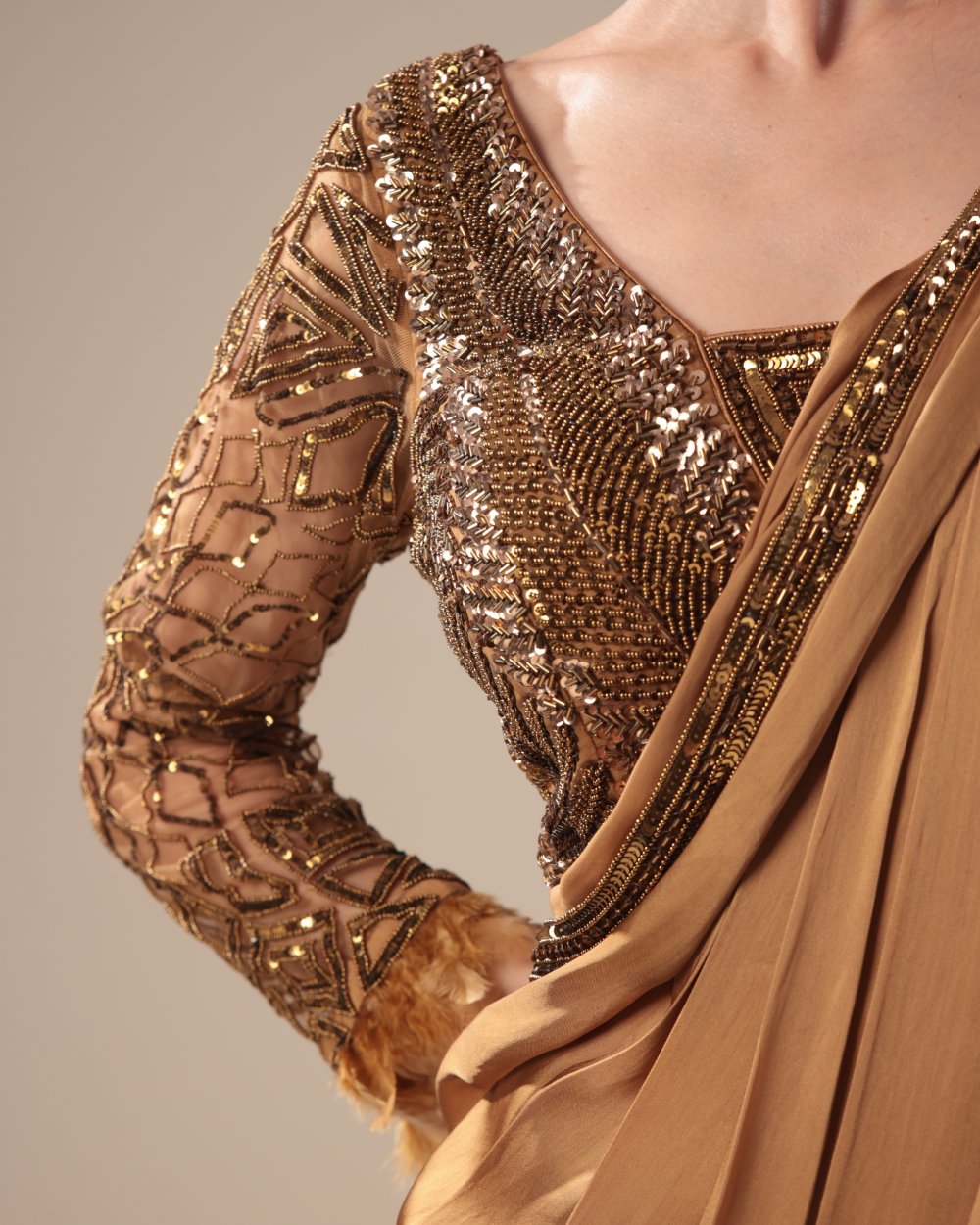 Bronze Designer Saree with Sequin Embroidered Blouse
