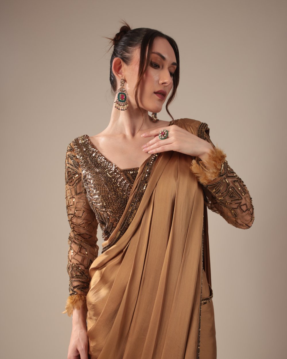 Bronze Designer Saree with Sequin Embroidered Blouse
