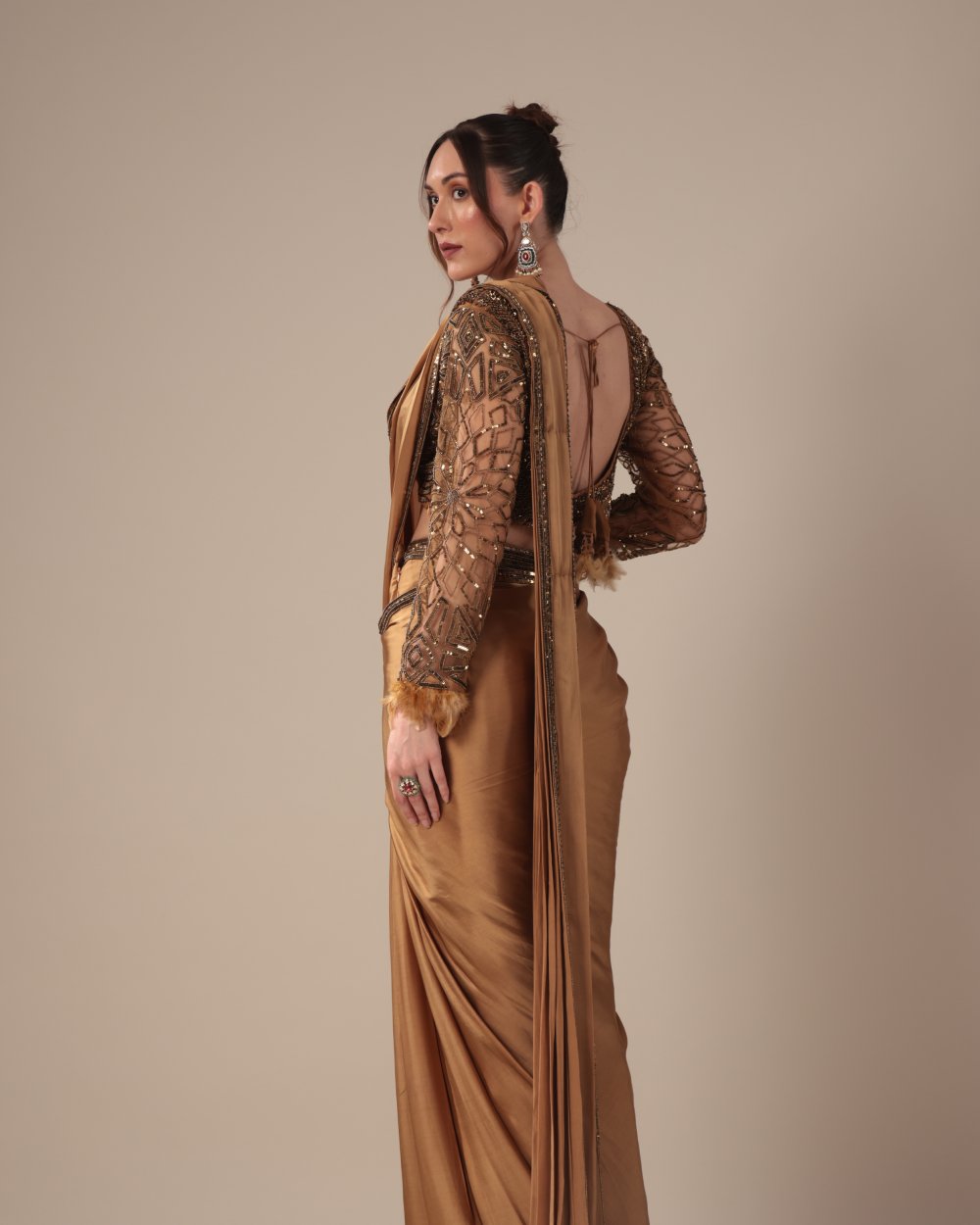 Bronze Designer Saree with Sequin Embroidered Blouse